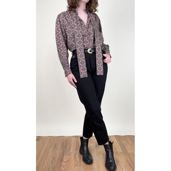 Vintage 70s Pussy Bow Button Down Shirt Blouse Floral Print Boho Preppy Academia - Picture 5 of 10